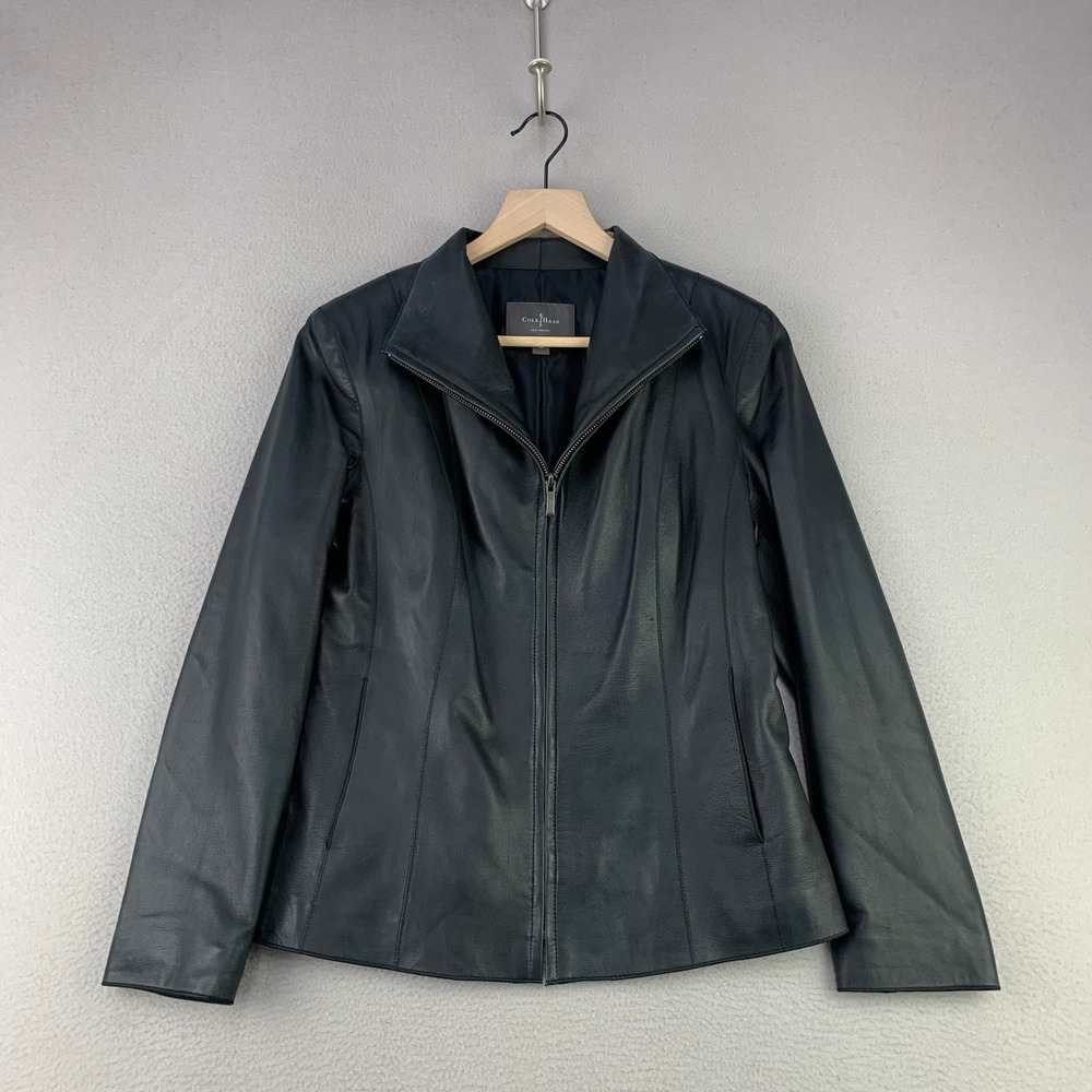 Vintage Cole Haan Lambskin Leather Jacket Women 8P Black Full Zip Biker Y2K Cafe